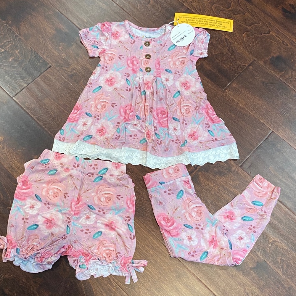 Little Dreamers Designs Bamboo Pink Floral Top & Shorts/Pants Set 2T NWT